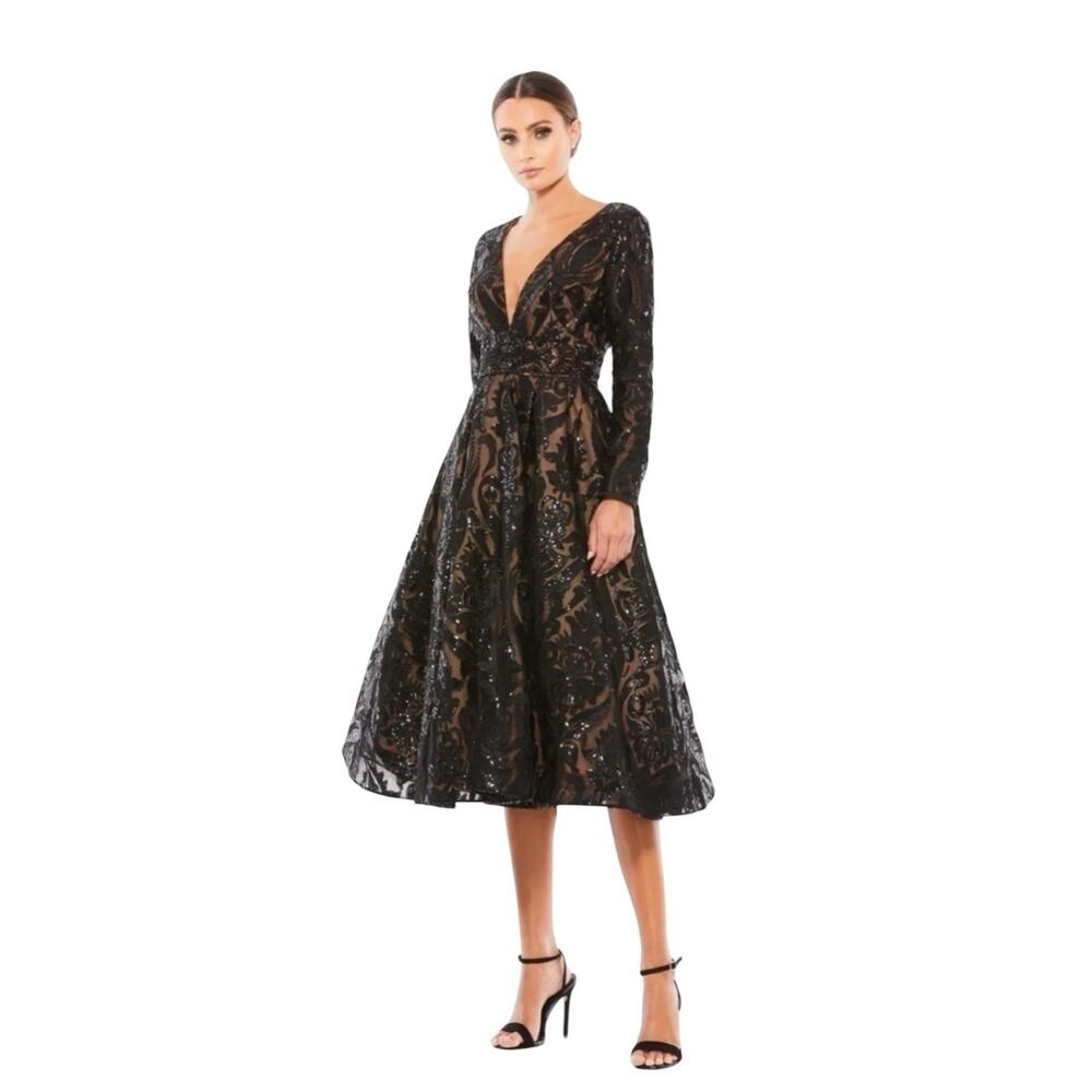 Mac Duggal Black and Gold Sequin Midi Dress